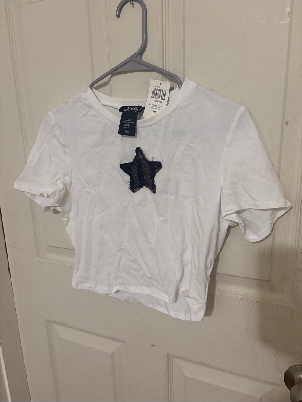 White Crop Tee with Black Star Patch